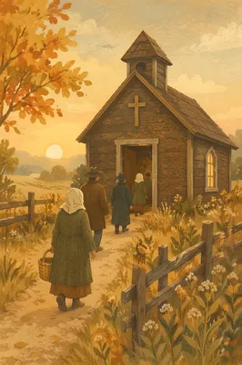 Small Wooden Chapel on Autumn Country Lane