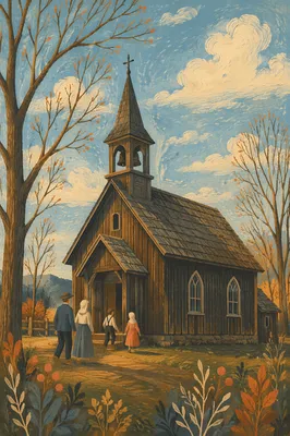 Rustic Countryside Chapel Under Turquoise Sky
