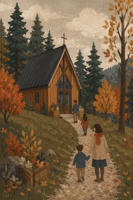 Small Wooden Chapel in Autumn Countryside