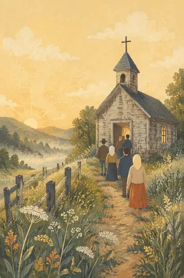 Small Wooden Chapel at Sunrise Meadow