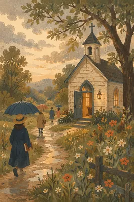 Welcoming Wooden Chapel After Spring Rain