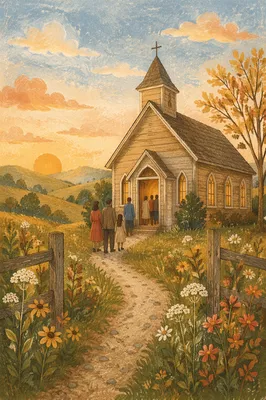 Wooden Countryside Chapel at Autumn Sunrise