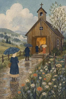 Rustic Countryside Chapel After Spring Rain