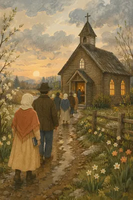 Countryside Wooden Chapel at Spring Sunrise