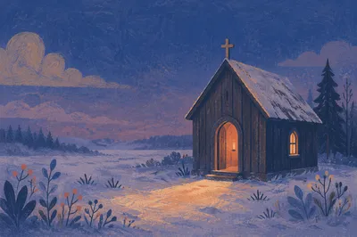 Snowy Countryside Chapel at Blue Hour