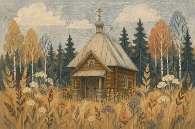 Rustic Wooden Countryside Chapel in Meadow