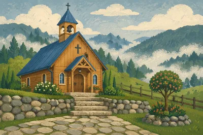 Rustic Wooden Chapel on Misty Green Hillside