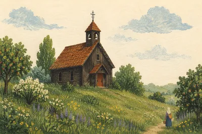 Rustic Wooden Chapel in Countryside Meadow