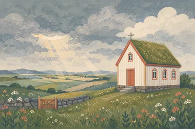 Small Wooden Chapel in Rolling Countryside