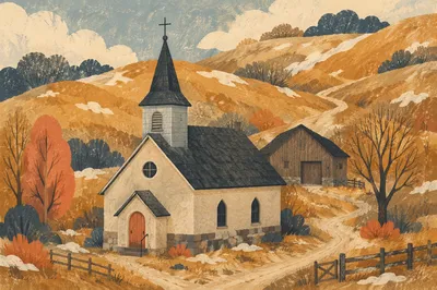 Small Wooden Chapel in Golden Countryside