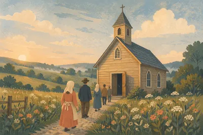 Peaceful Wooden Chapel in Morning Meadow