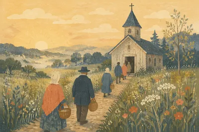 Small Wooden Chapel at Sunrise Meadow