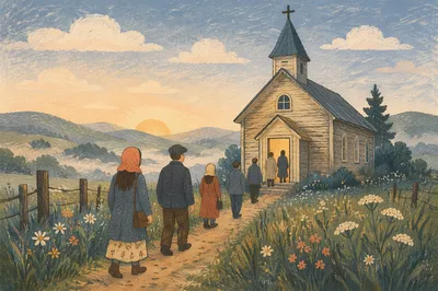 Small Wooden Chapel in Morning Meadow