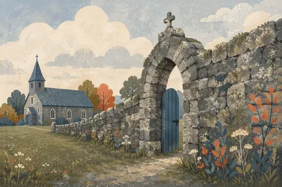 Weathered Wooden Chapel Beyond Stone Gateway