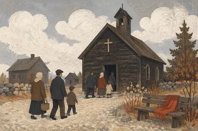 Rustic Wooden Countryside Chapel on Sunday Morning