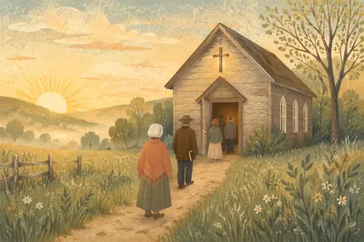 Small Wooden Chapel in Misty Countryside