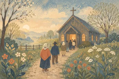Misty Countryside Chapel with Morning Worshippers