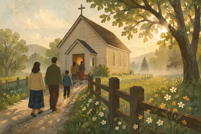 Small Wooden Chapel on Misty Country Lane