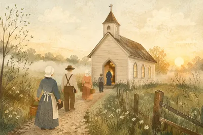 Misty Countryside Wooden Chapel at Sunrise