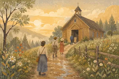 Peaceful Wooden Countryside Chapel at Sunrise
