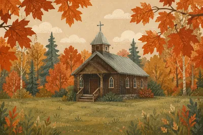 Rustic Wooden Chapel in Autumn Clearing