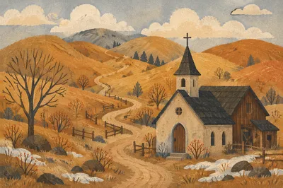 Small Countryside Chapel Beneath Rolling Hills