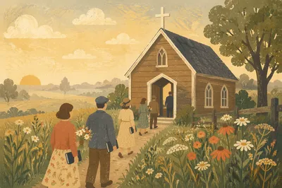 Small Wooden Chapel on Misty Country Lane