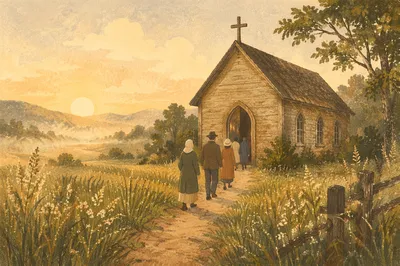 Rustic Countryside Chapel at Autumn Sunrise