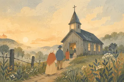 Small Wooden Chapel at Sunrise Meadow