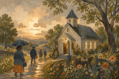 Weathered Countryside Chapel After Spring Rain