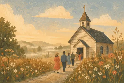 Humble Wooden Chapel in Misty Countryside