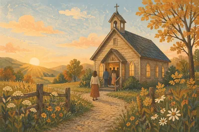 Small Wooden Chapel at Autumn Sunrise