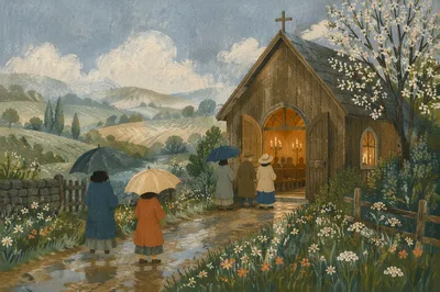 Rustic Countryside Chapel After Spring Rain