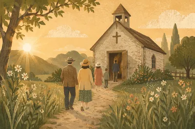 Rustic Countryside Chapel at Sunday Sunrise