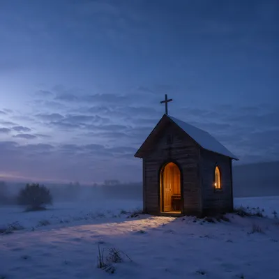 Rustic Wooden Chapel in Snowy Countryside
