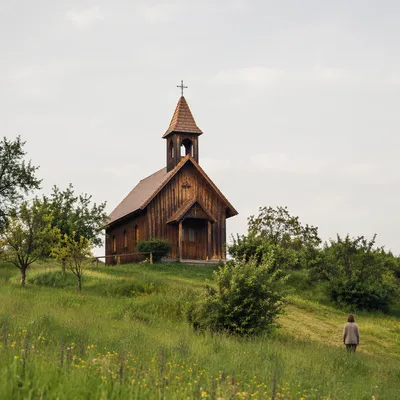 Rustic Wooden Chapel in Countryside Meadow