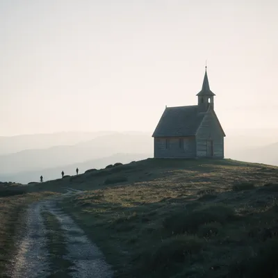 Small Wooden Chapel on Countryside Hill