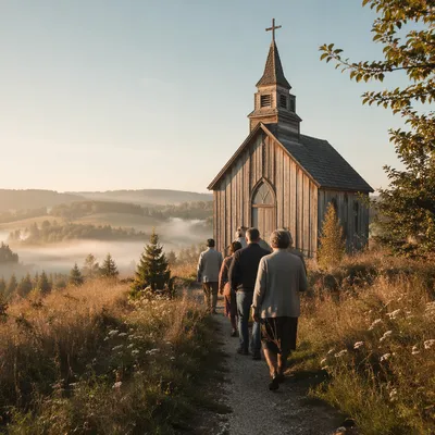 Countryside Wooden Chapel at Autumn Sunrise