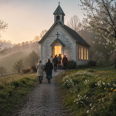 Misty Countryside Chapel at Spring Sunrise