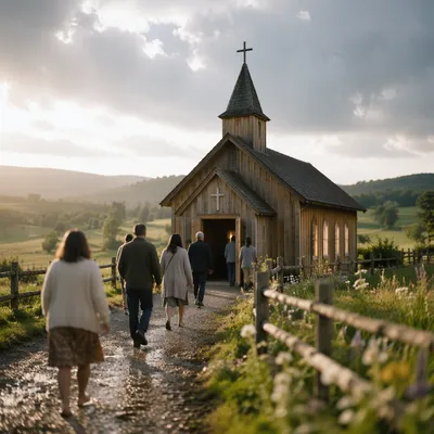 Small Wooden Countryside Chapel After Spring Rain