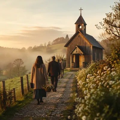 Misty Countryside Wooden Chapel Morning