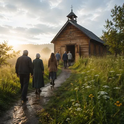 Small Wooden Chapel on Misty Countryside Hill