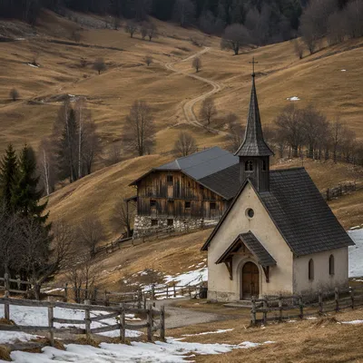 Small Countryside Chapel Beneath Rolling Hills