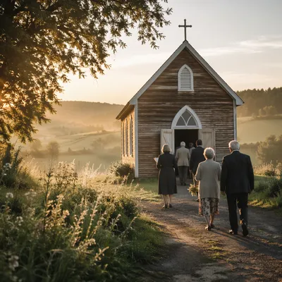 Small Wooden Chapel on Misty Country Morning