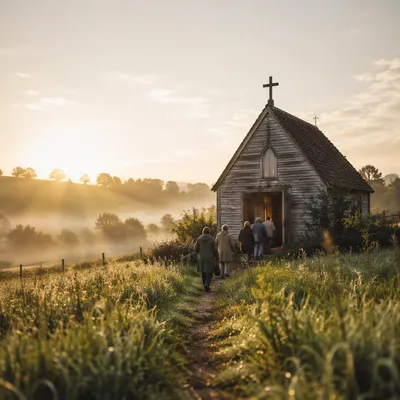 Rustic Countryside Chapel at Autumn Sunrise