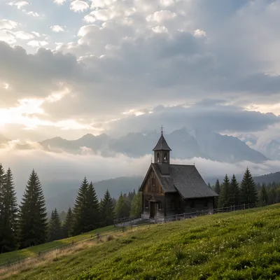 Wooden Chapel on Misty Countryside Hill