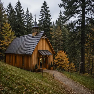 Small Wooden Chapel in Autumn Countryside