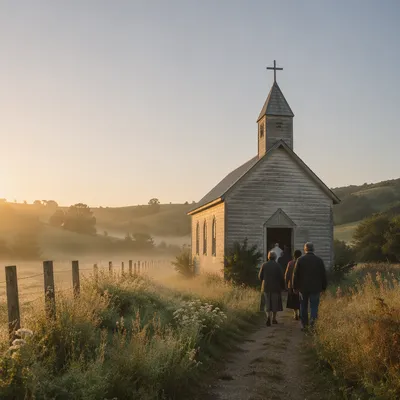 Small Wooden Chapel in Misty Countryside