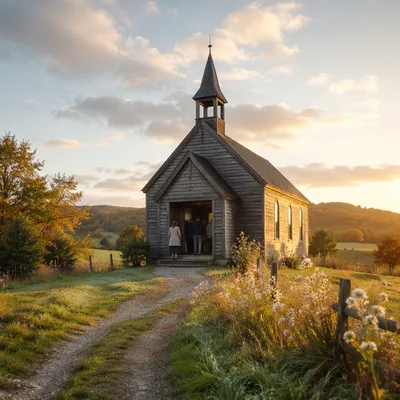 Countryside Wooden Chapel at Autumn Sunrise