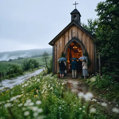 Small Wooden Chapel After Spring Rain